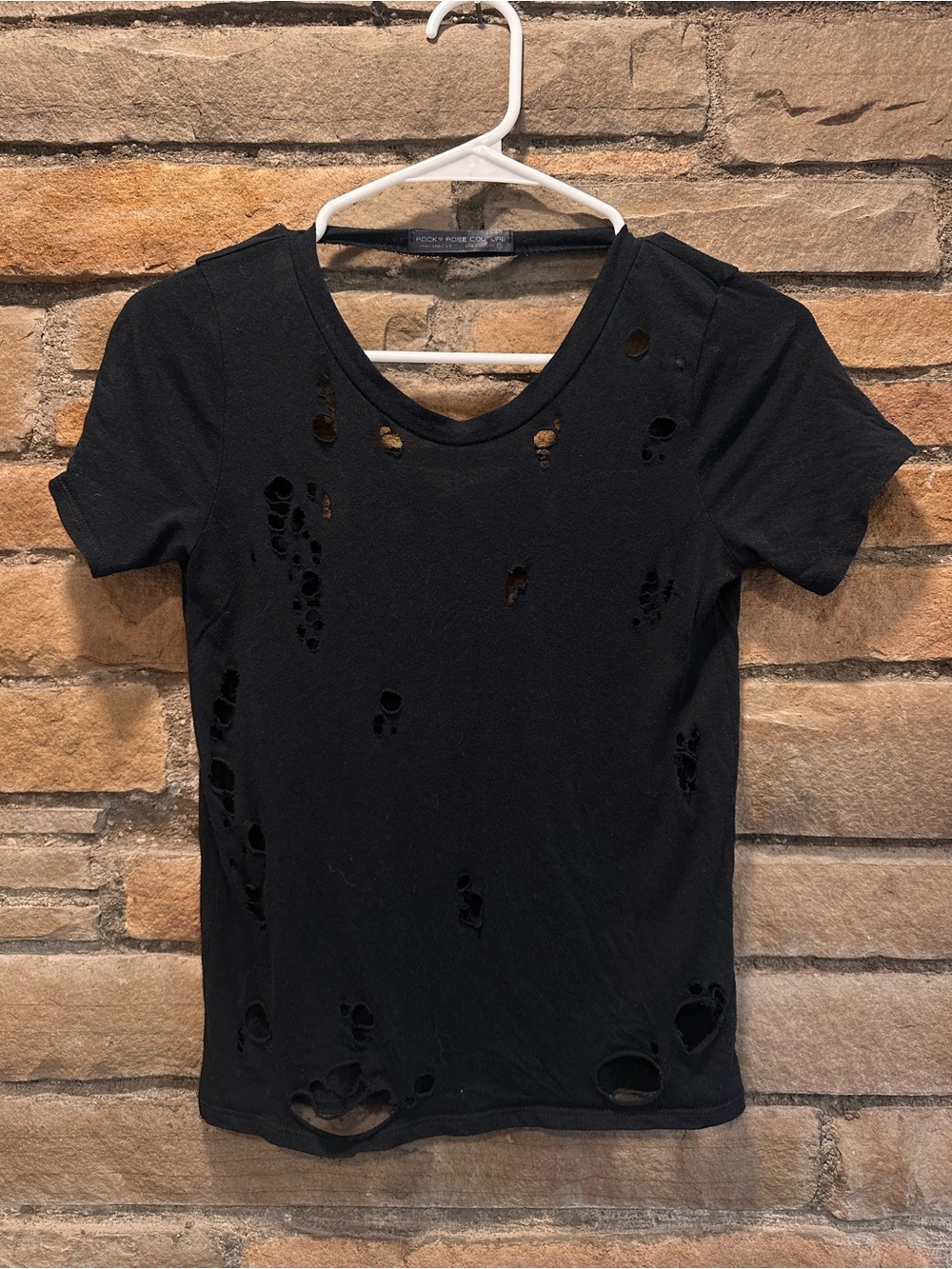 Rock Rose Couture Black Distressed Short Sleeve Tee Juniors S